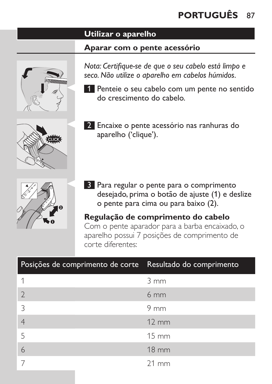 Utilizar o aparelho, Aparar com o pente acessório, Regulação de comprimento do cabelo | Português | Philips HAIRCLIPPER Series 1000 Tondeuse cheveux User Manual | Page 87 / 108