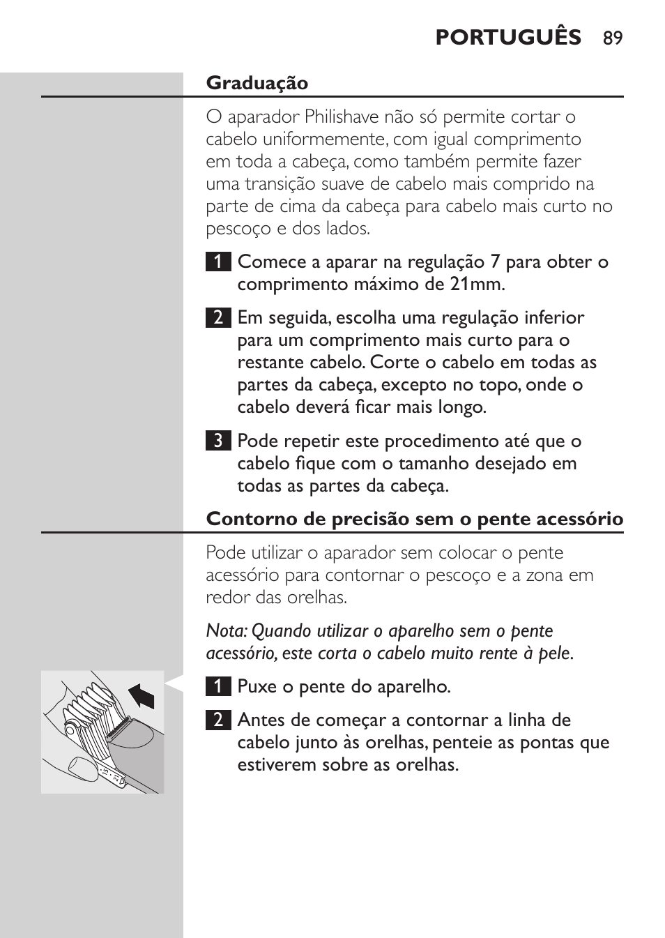 Graduação, Contorno de precisão sem o pente acessório | Philips HAIRCLIPPER Series 1000 Tondeuse cheveux User Manual | Page 89 / 108