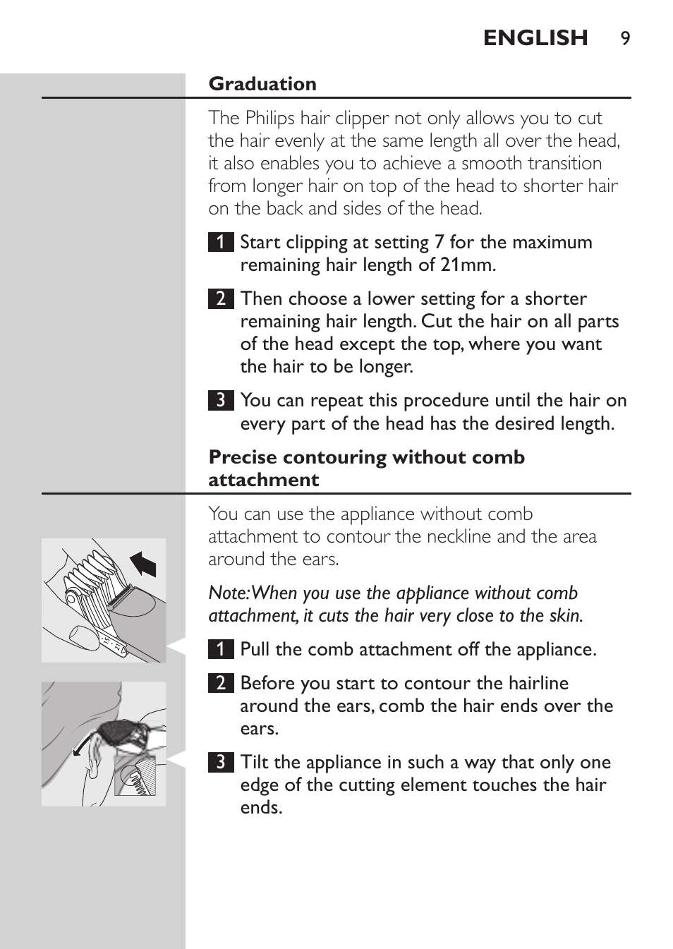 Graduation, Precise contouring without comb attachment | Philips HAIRCLIPPER Series 1000 Tondeuse cheveux User Manual | Page 9 / 108