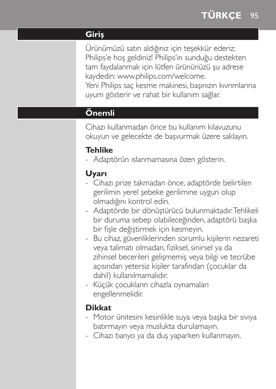 Tehlike, Uyarı, Dikkat | Türkçe, Giriş, Önemli | Philips HAIRCLIPPER Series 1000 Tondeuse cheveux User Manual | Page 95 / 108