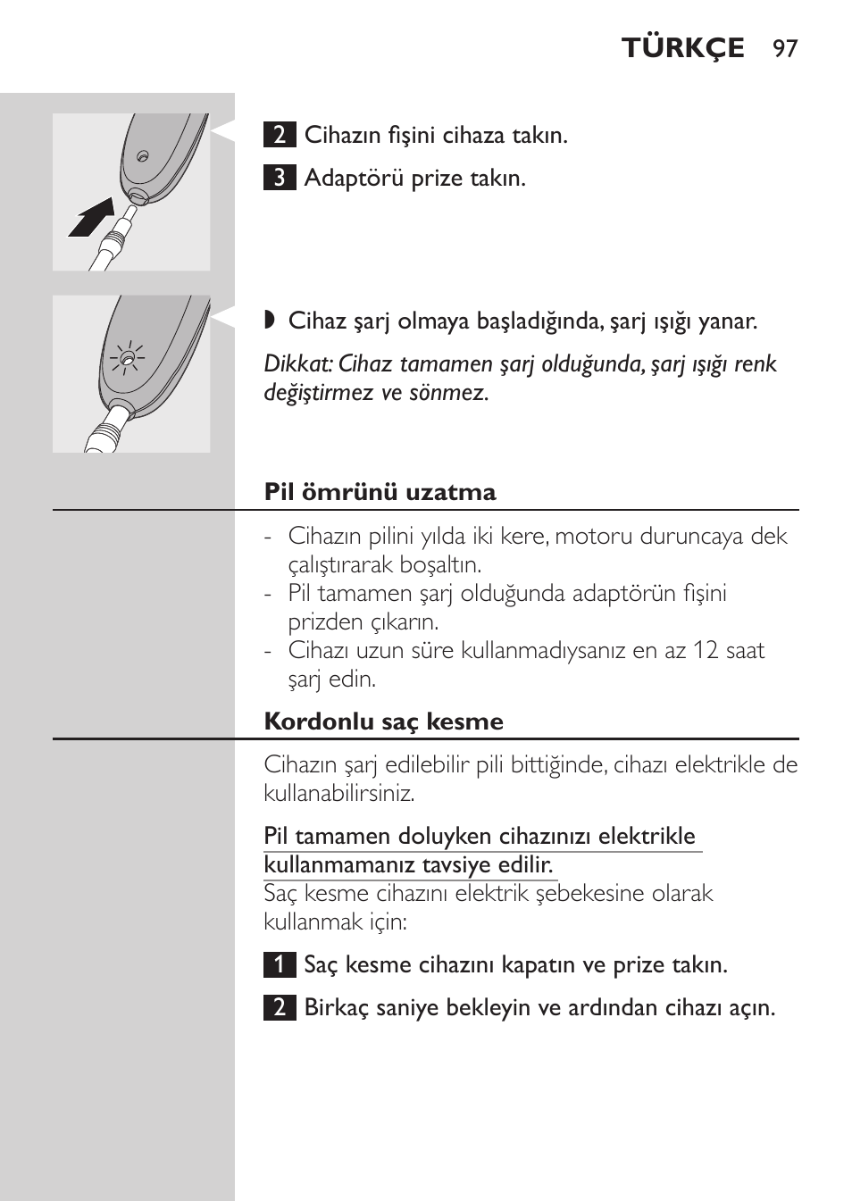 Pil ömrünü uzatma, Kordonlu saç kesme | Philips HAIRCLIPPER Series 1000 Tondeuse cheveux User Manual | Page 97 / 108