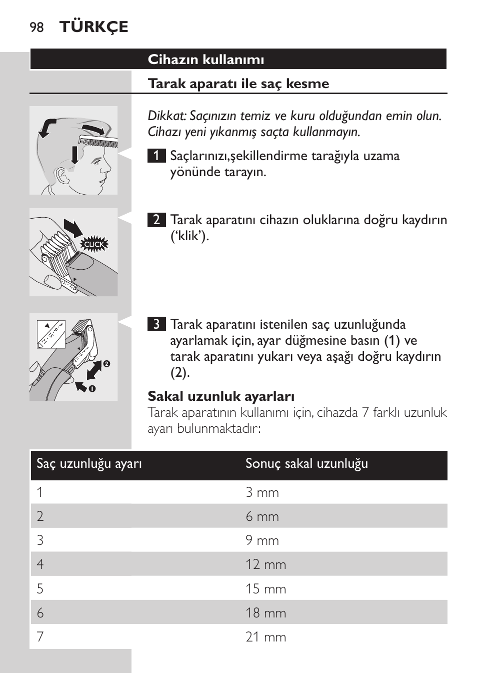 Cihazın kullanımı, Tarak aparatı ile saç kesme, Sakal uzunluk ayarları | Türkçe | Philips HAIRCLIPPER Series 1000 Tondeuse cheveux User Manual | Page 98 / 108