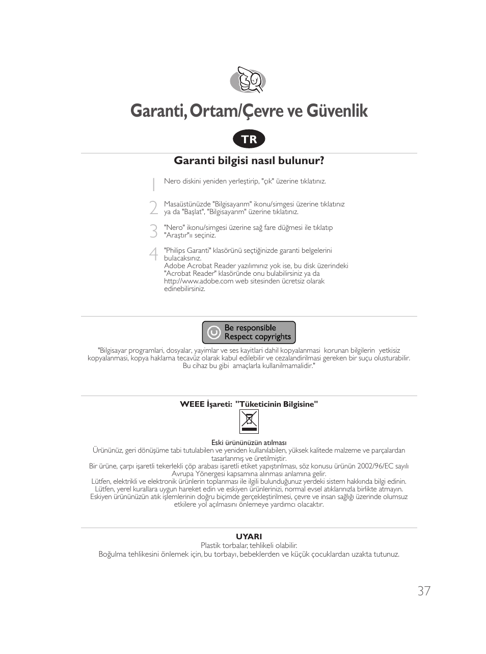 Garanti, ortam/çevre ve güvenlik | Philips Disque dur externe User Manual | Page 37 / 40