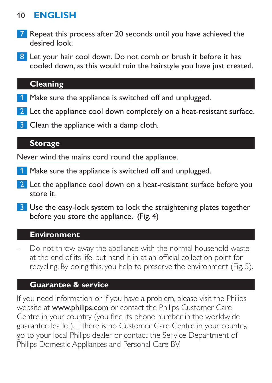 Cleaning, Storage, Environment | Guarantee & service | Philips SalonStraight Essential Lisseur User Manual | Page 10 / 100