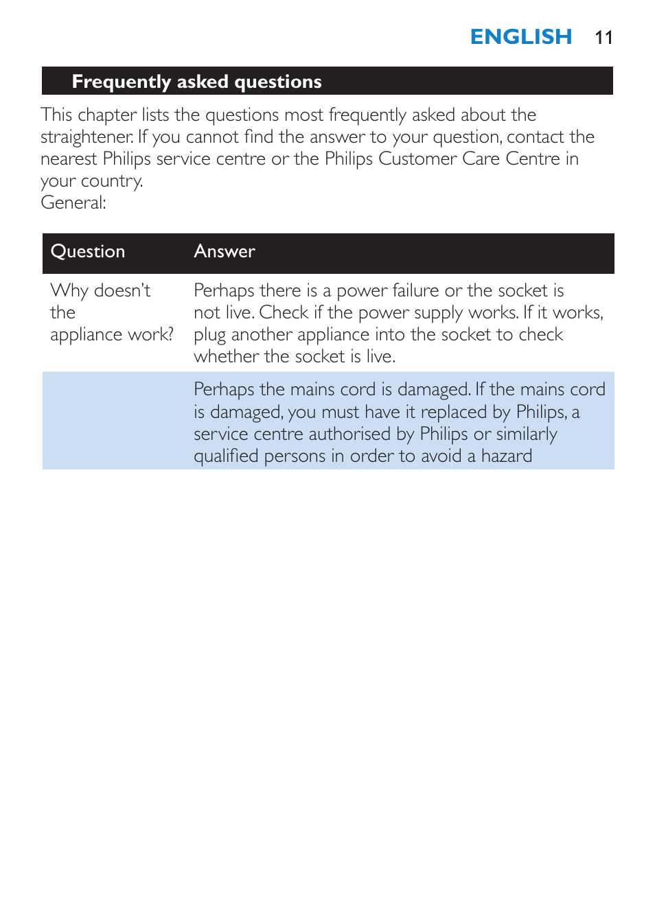 Frequently asked questions | Philips SalonStraight Essential Lisseur User Manual | Page 11 / 100