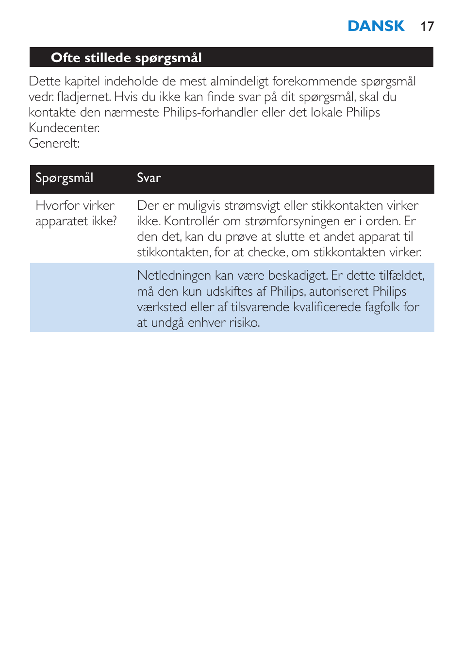 Ofte stillede spørgsmål | Philips SalonStraight Essential Lisseur User Manual | Page 17 / 100