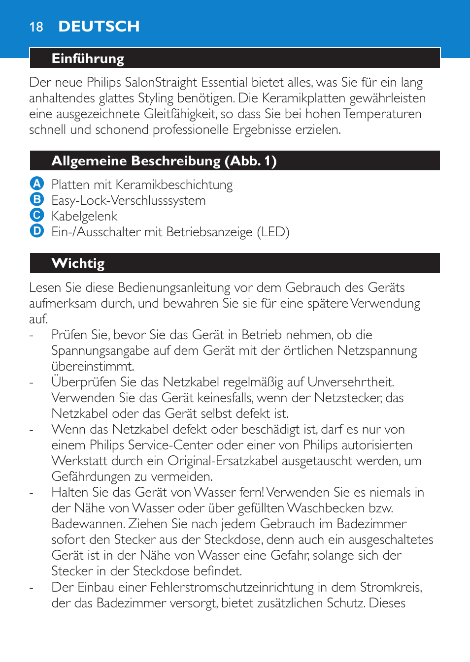 Deutsch, Einführung, Allgemeine beschreibung (abb. 1) | Wichtig | Philips SalonStraight Essential Lisseur User Manual | Page 18 / 100