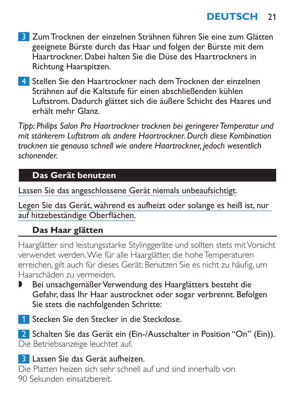 Das gerät benutzen, Das haar glätten | Philips SalonStraight Essential Lisseur User Manual | Page 21 / 100