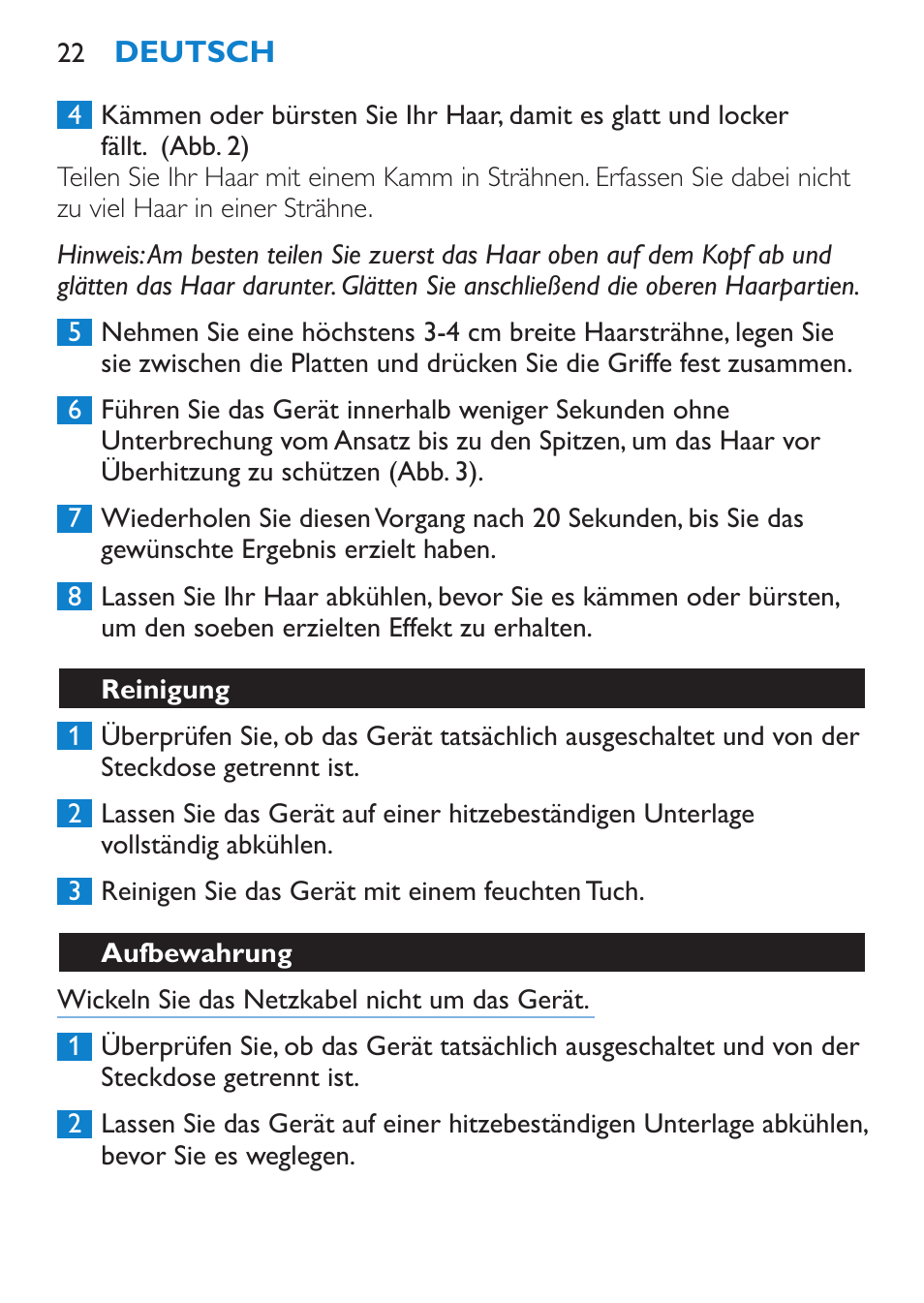 Reinigung, Aufbewahrung | Philips SalonStraight Essential Lisseur User Manual | Page 22 / 100