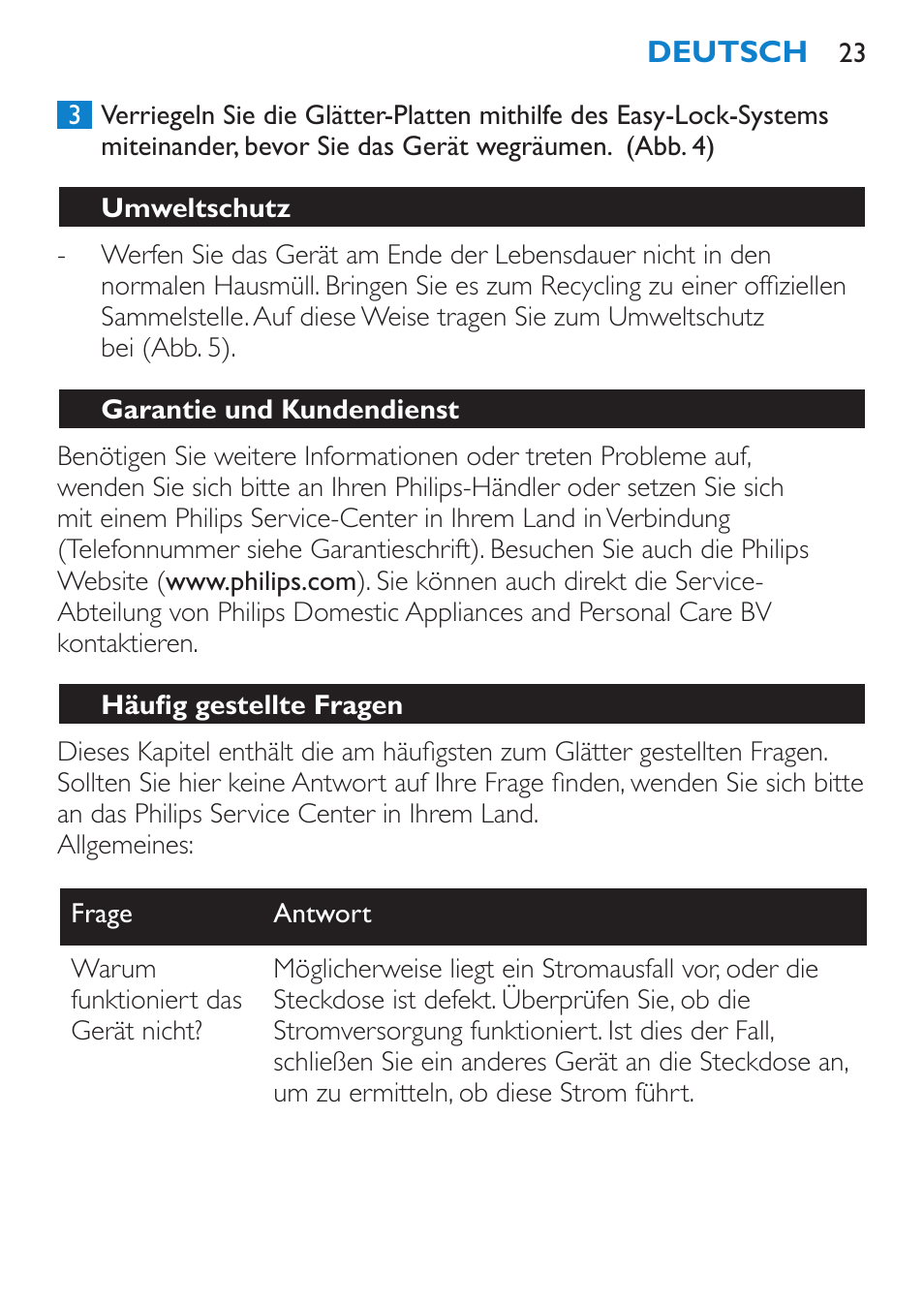 Umweltschutz, Garantie und kundendienst, Häufig gestellte fragen | Philips SalonStraight Essential Lisseur User Manual | Page 23 / 100