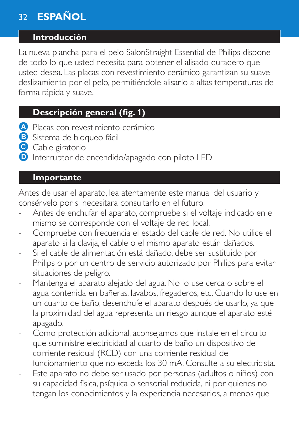 Español, Introducción, Descripción general (fig. 1) | Importante | Philips SalonStraight Essential Lisseur User Manual | Page 32 / 100