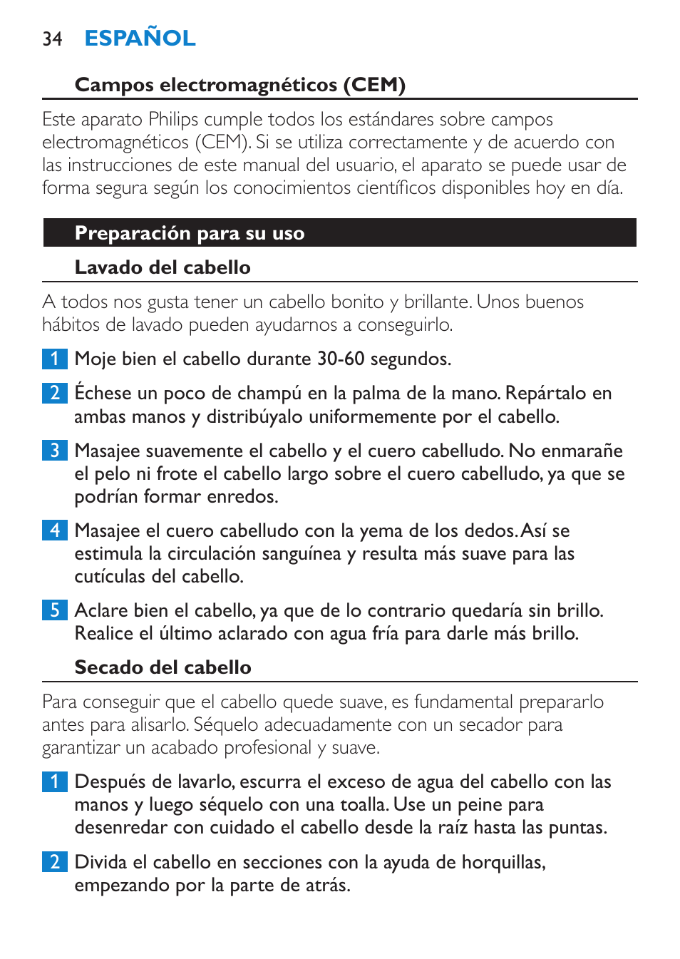 Preparación para su uso, Lavado del cabello, Secado del cabello | Philips SalonStraight Essential Lisseur User Manual | Page 34 / 100