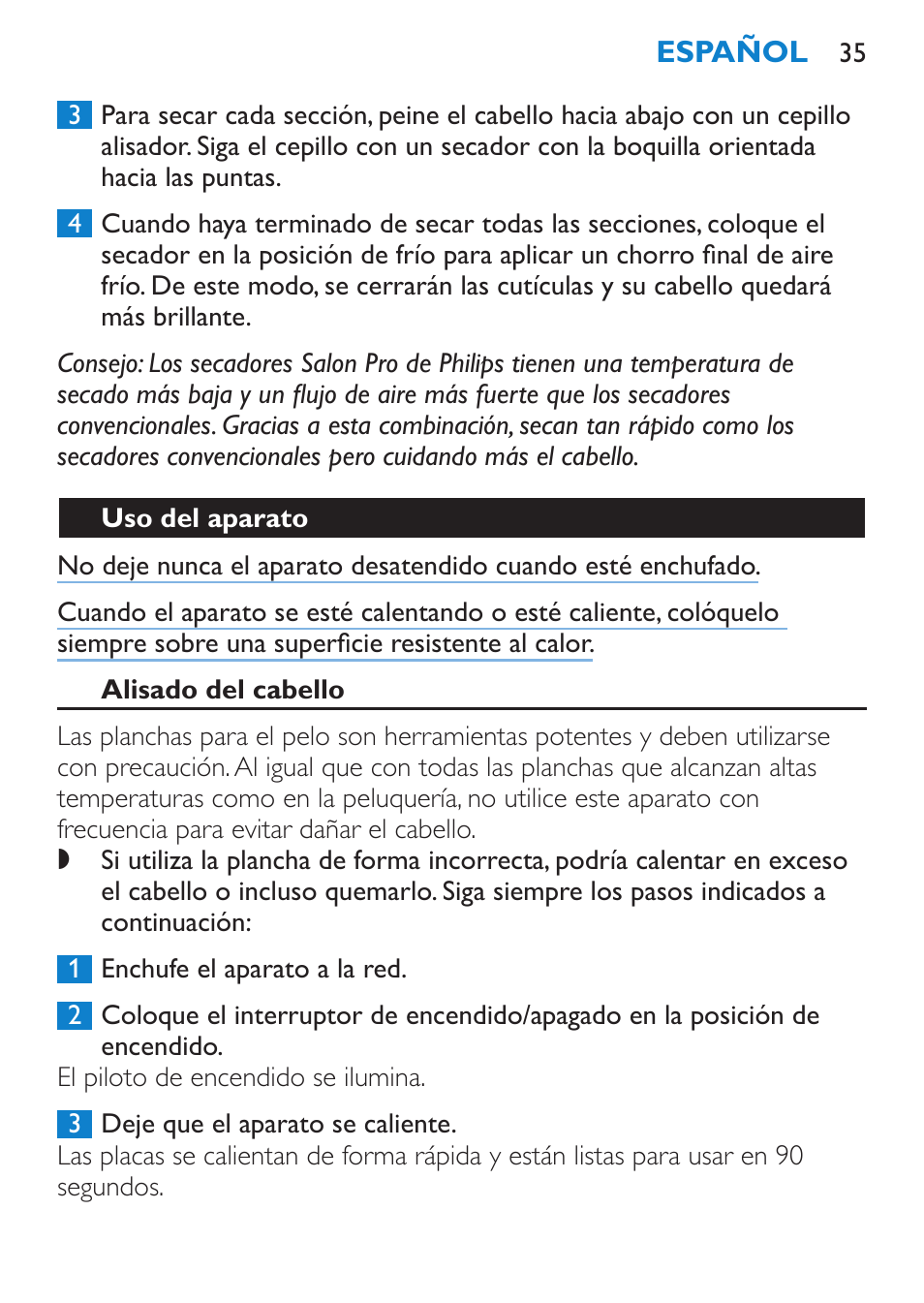 Uso del aparato, Alisado del cabello | Philips SalonStraight Essential Lisseur User Manual | Page 35 / 100