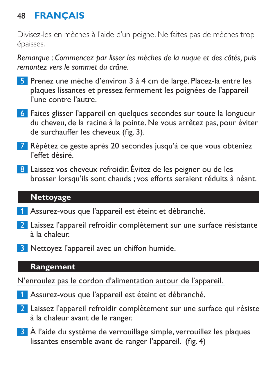 Utilisation de l’appareil, Lissage des cheveux | Philips SalonStraight Essential Lisseur User Manual | Page 48 / 100