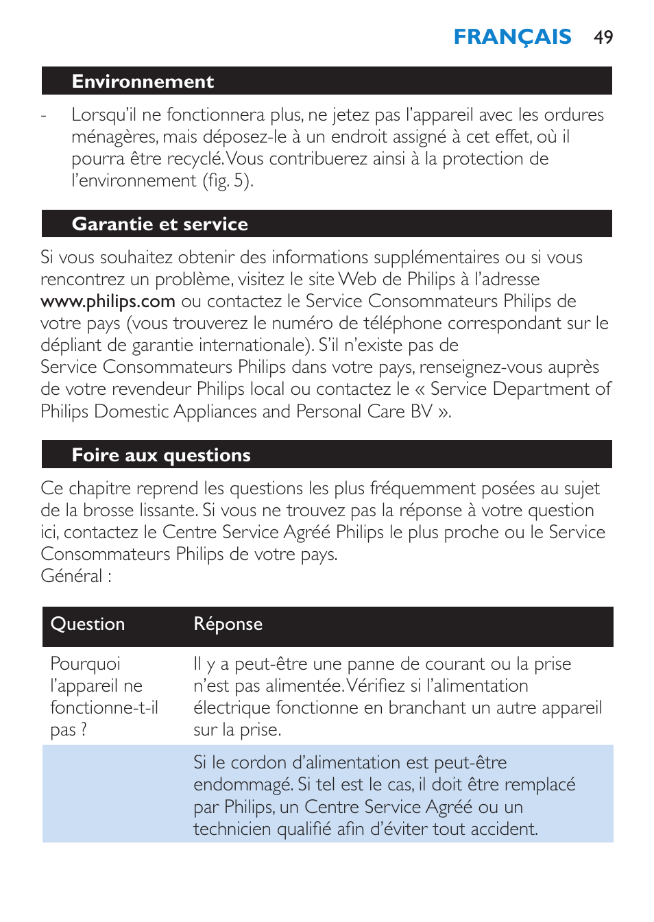 Nettoyage, Rangement, Environnement | Philips SalonStraight Essential Lisseur User Manual | Page 49 / 100