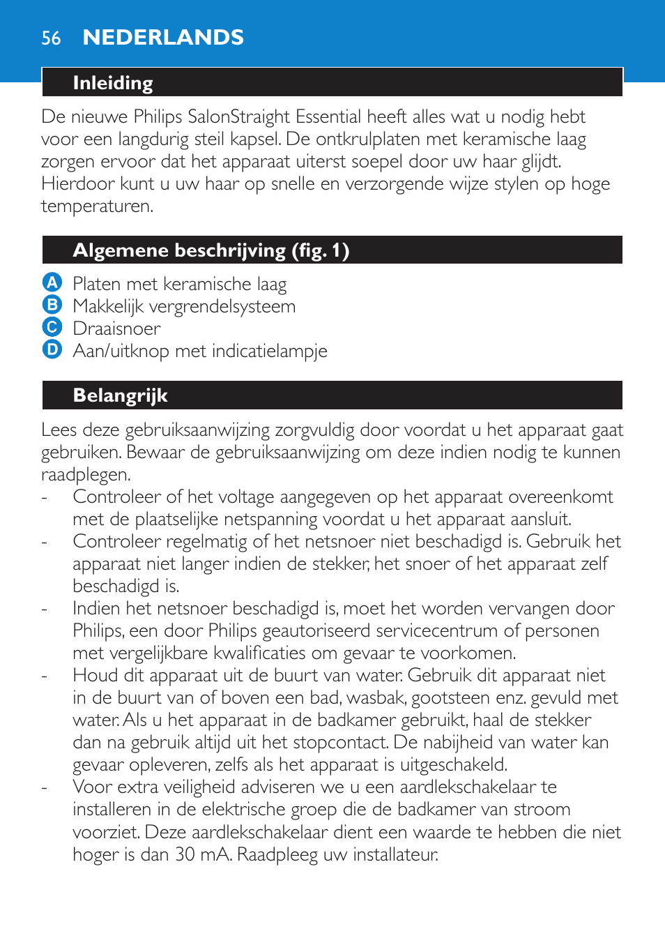 Nederlands, Inleiding, Algemene beschrijving (fig. 1) | Belangrijk | Philips SalonStraight Essential Lisseur User Manual | Page 56 / 100