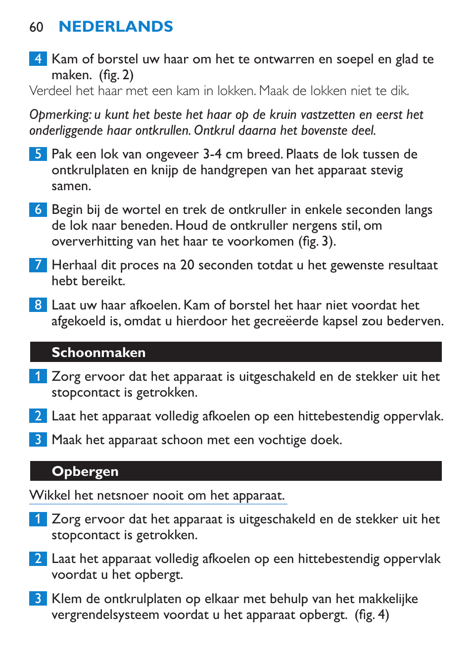 Schoonmaken, Opbergen | Philips SalonStraight Essential Lisseur User Manual | Page 60 / 100