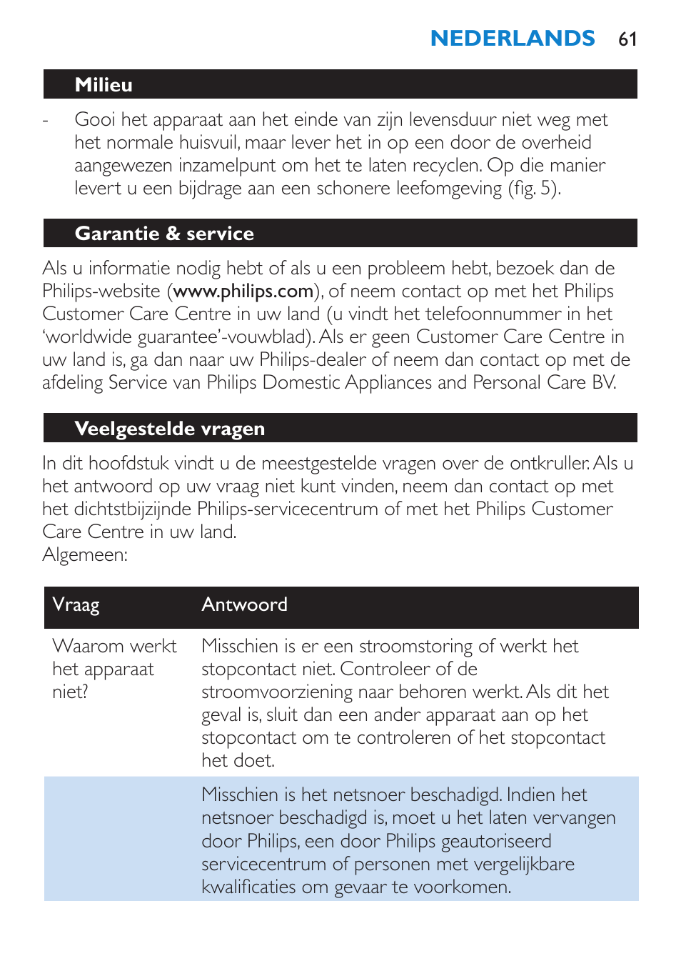 Milieu, Garantie & service, Veelgestelde vragen | Philips SalonStraight Essential Lisseur User Manual | Page 61 / 100