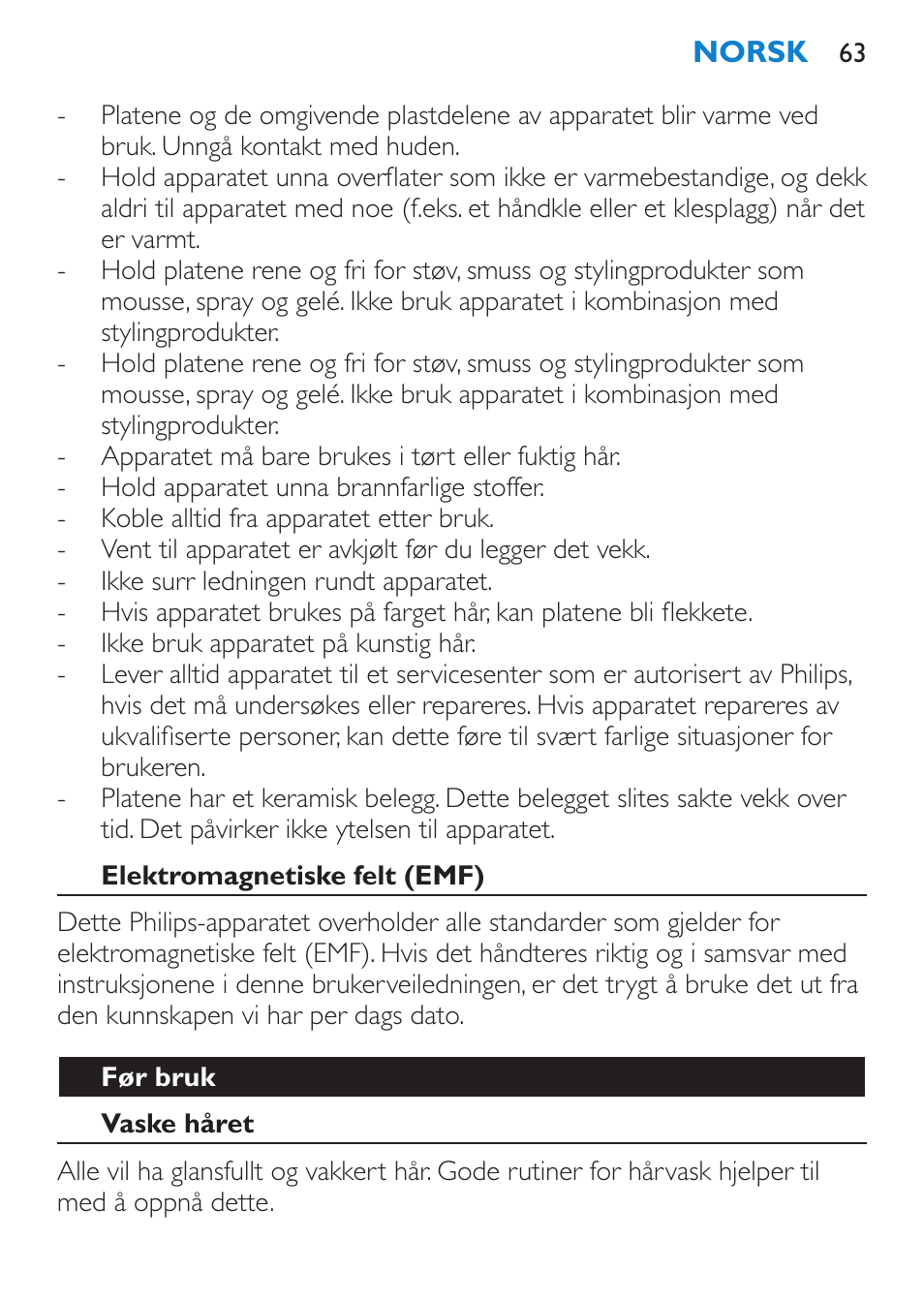 Norsk, Innledning, Generell beskrivelse (fig. 1) | Viktig | Philips SalonStraight Essential Lisseur User Manual | Page 63 / 100