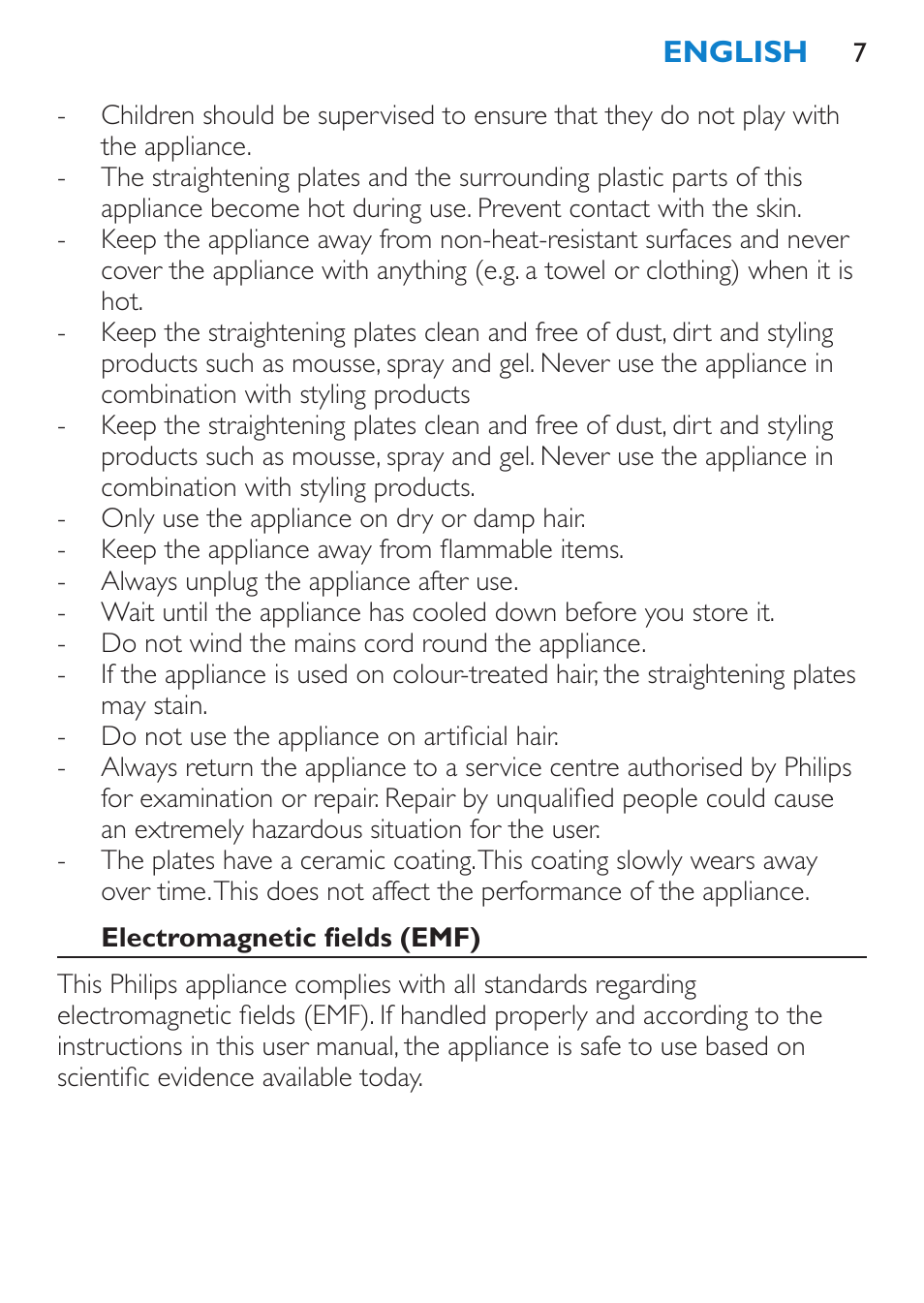 Electromagnetic fields (emf) | Philips SalonStraight Essential Lisseur User Manual | Page 7 / 100