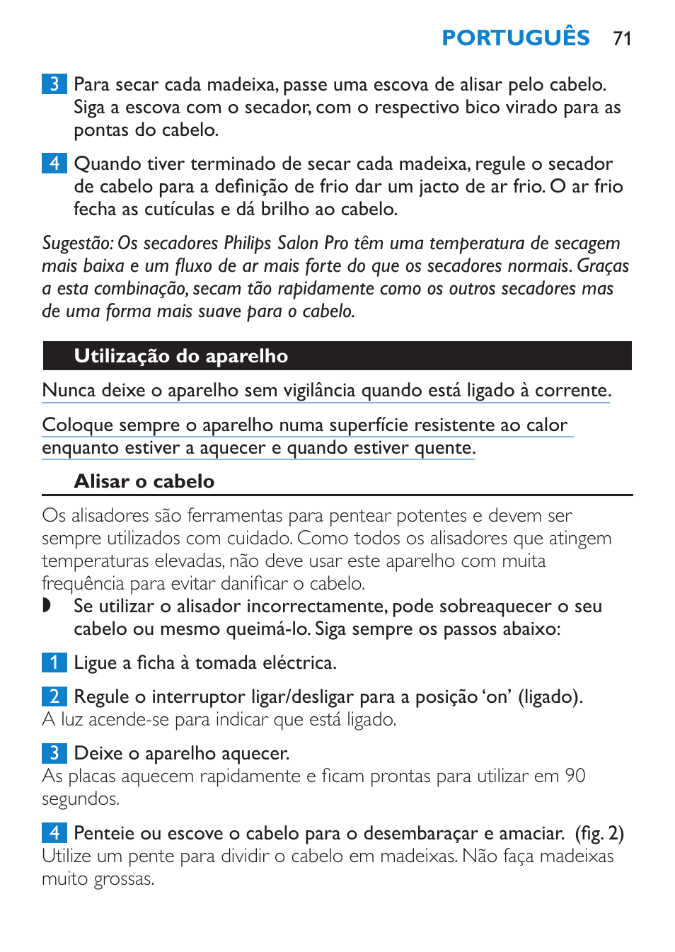 Preparação, Lavar a cabeça, Secar o cabelo | Philips SalonStraight Essential Lisseur User Manual | Page 71 / 100