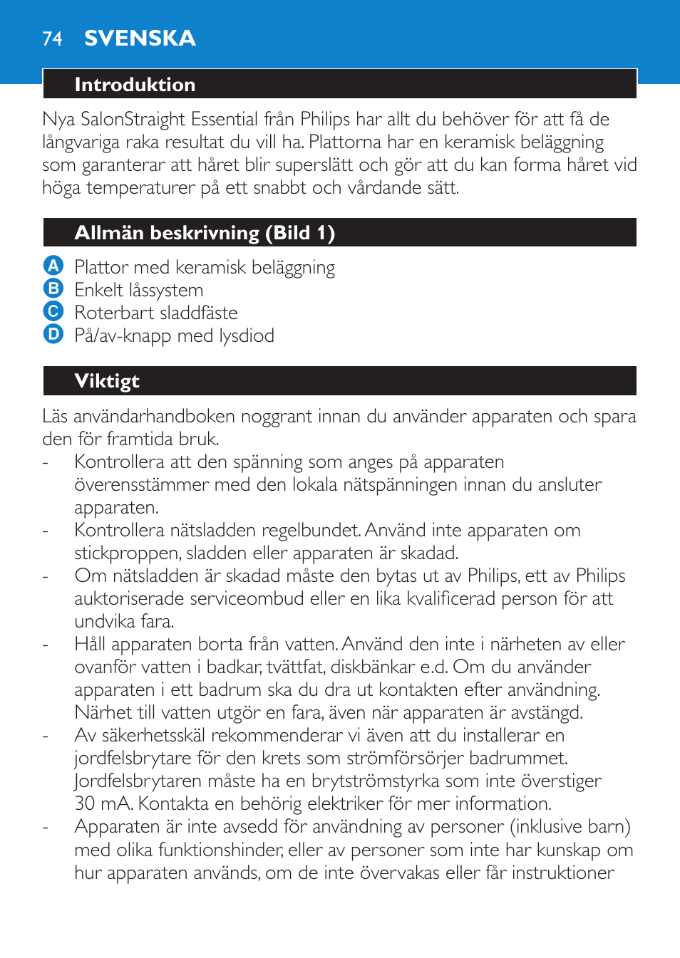 Svenska, Introduktion, Allmän beskrivning (bild 1) | Viktigt | Philips SalonStraight Essential Lisseur User Manual | Page 74 / 100