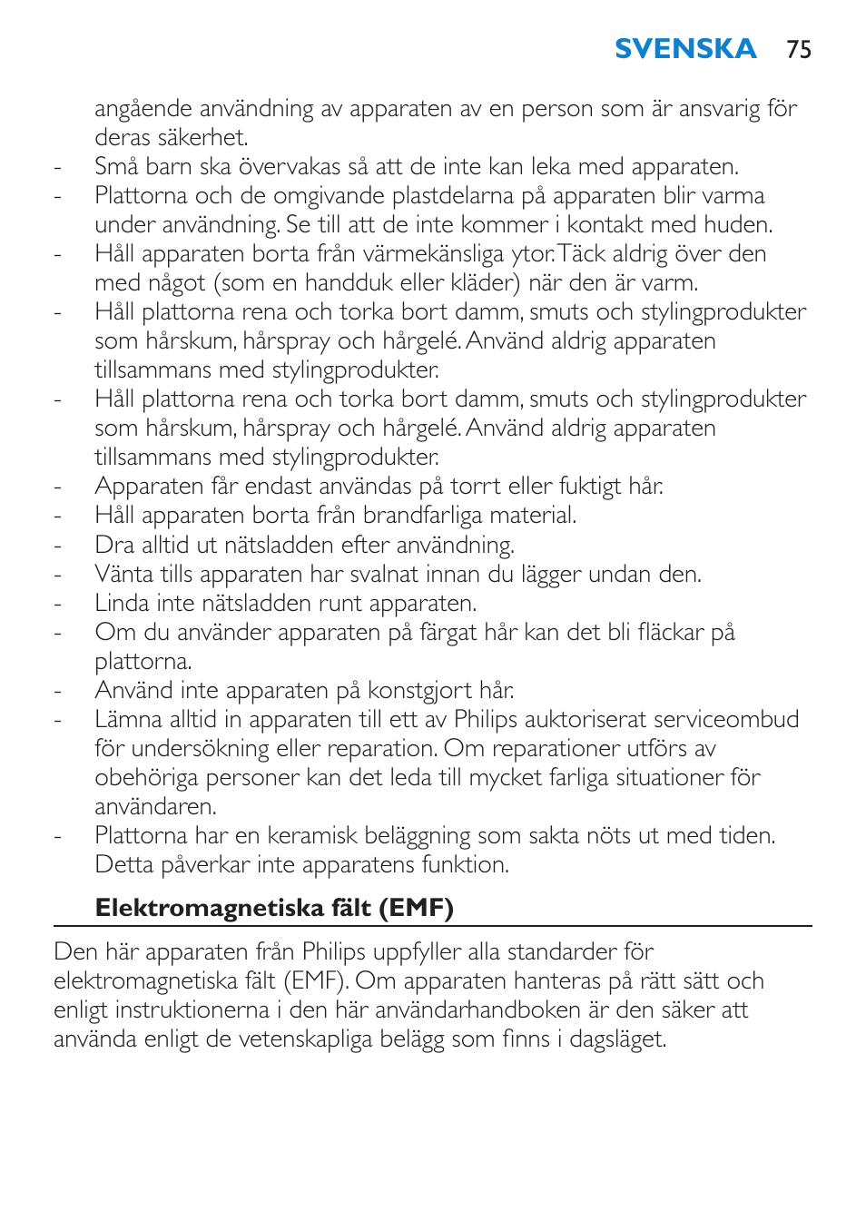 Elektromagnetiska fält (emf) | Philips SalonStraight Essential Lisseur User Manual | Page 75 / 100