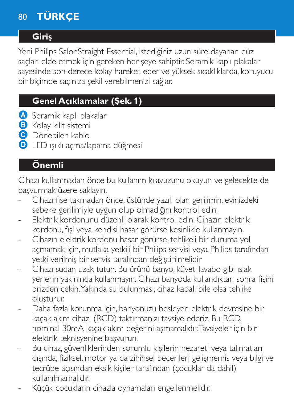 Türkçe, Giriş, Genel açıklamalar (şek. 1) | Önemli | Philips SalonStraight Essential Lisseur User Manual | Page 80 / 100