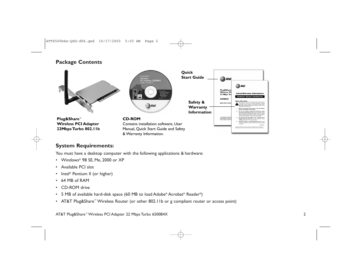 Package contents system requirements | AT&T 6500B4X User Manual | Page 2 / 8