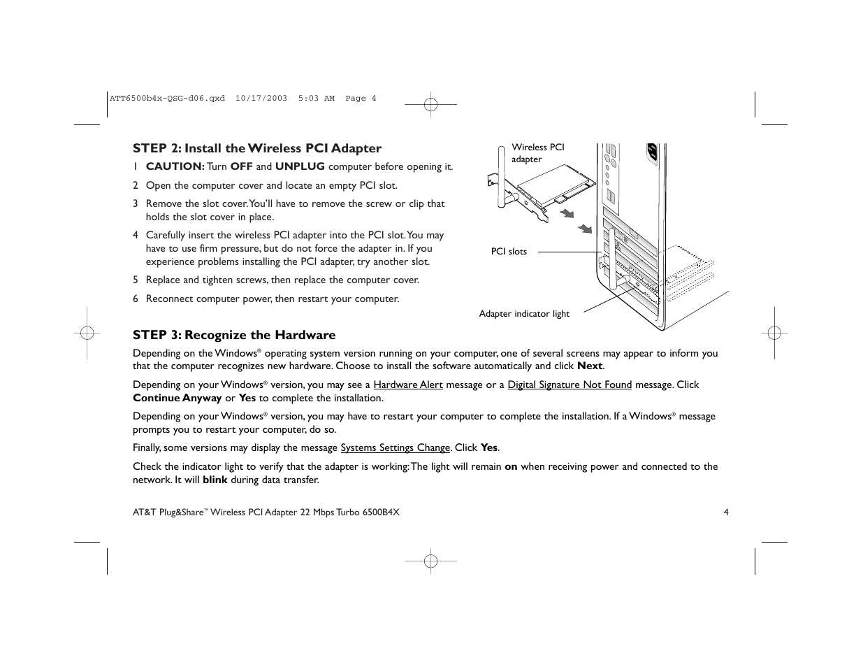 Step 2: install the wireless pci adapter, Step 3: recognize the hardware | AT&T 6500B4X User Manual | Page 4 / 8