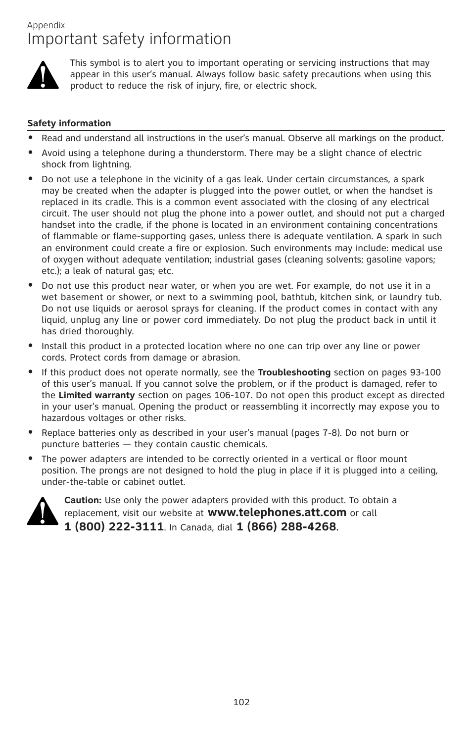 Important safety information | AT&T CL83301 User Manual | Page 108 / 118
