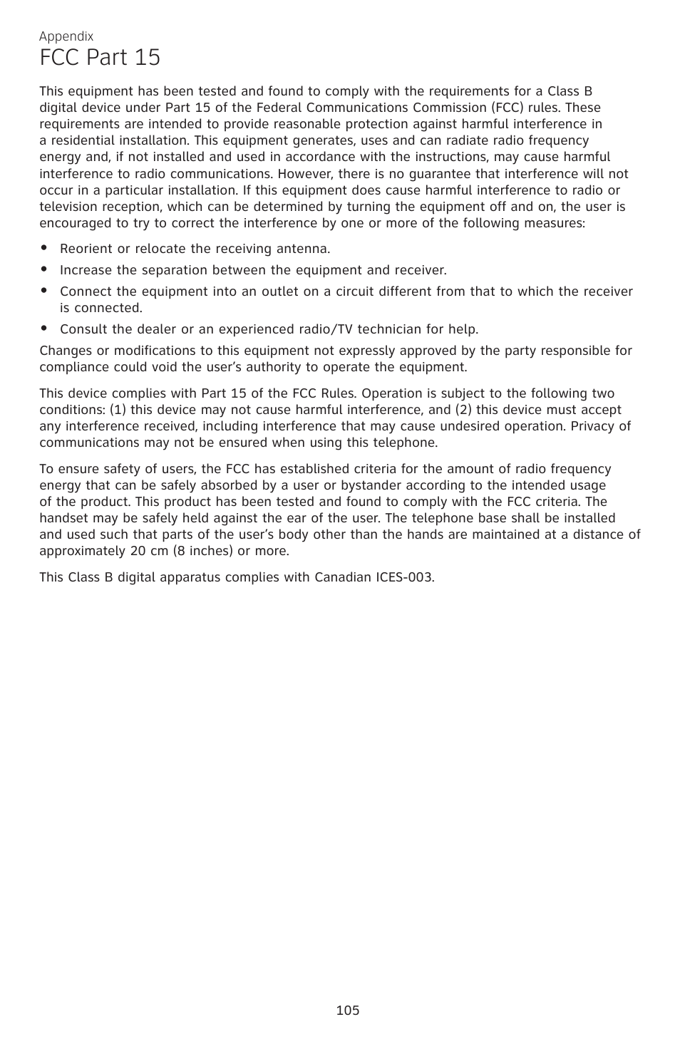 Fcc part 15 | AT&T CL83301 User Manual | Page 111 / 118