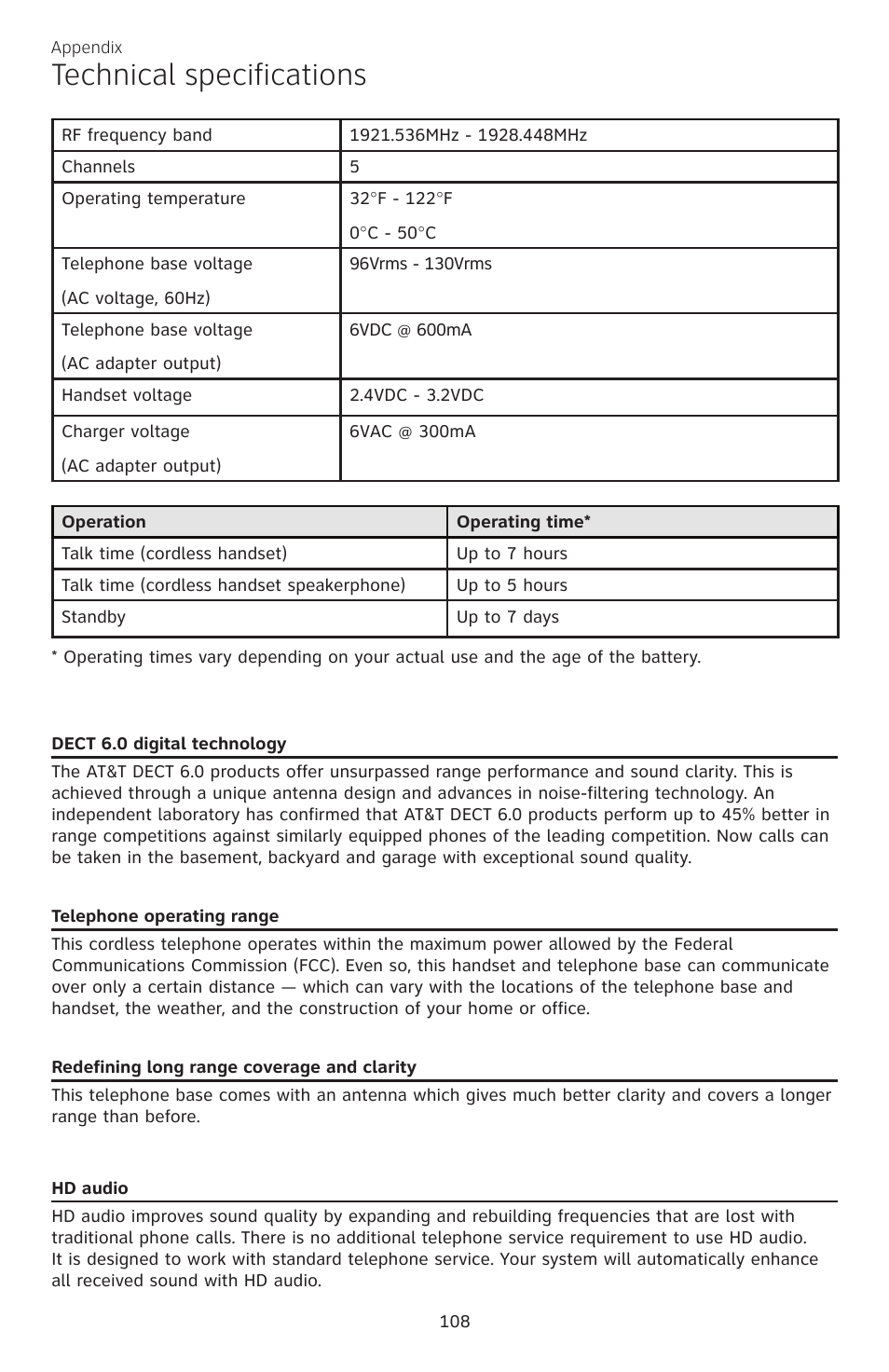Technical specifications | AT&T CL83301 User Manual | Page 114 / 118