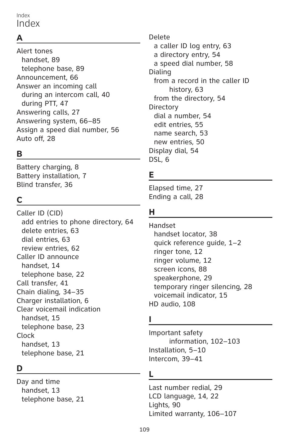 Index | AT&T CL83301 User Manual | Page 115 / 118