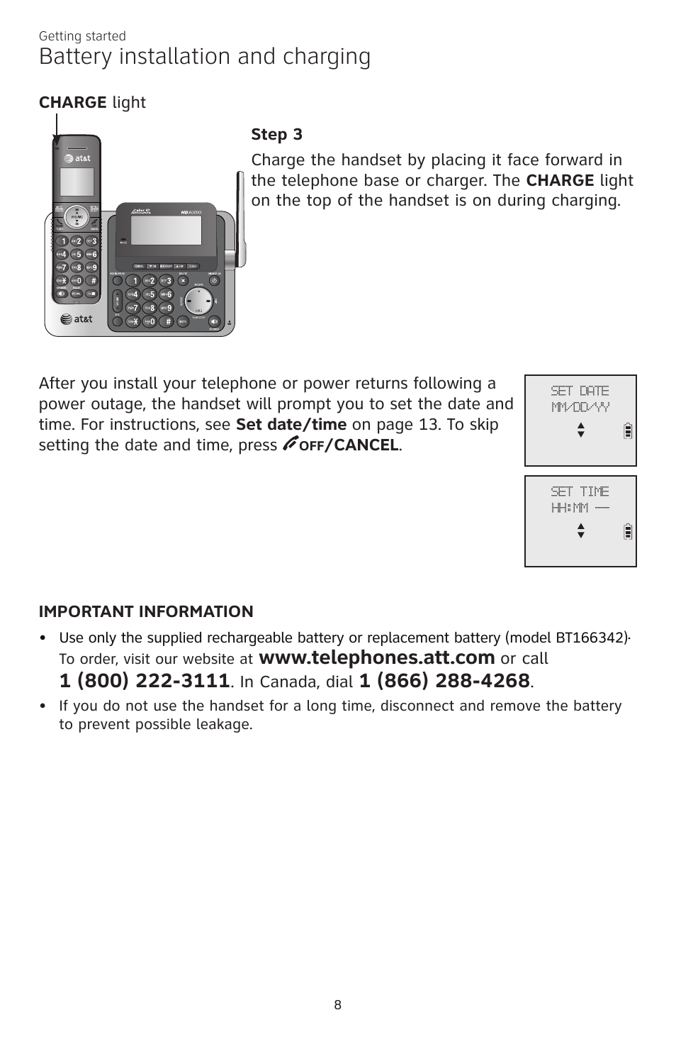 Battery installation and charging, Or call, Cancel | AT&T CL83301 User Manual | Page 14 / 118