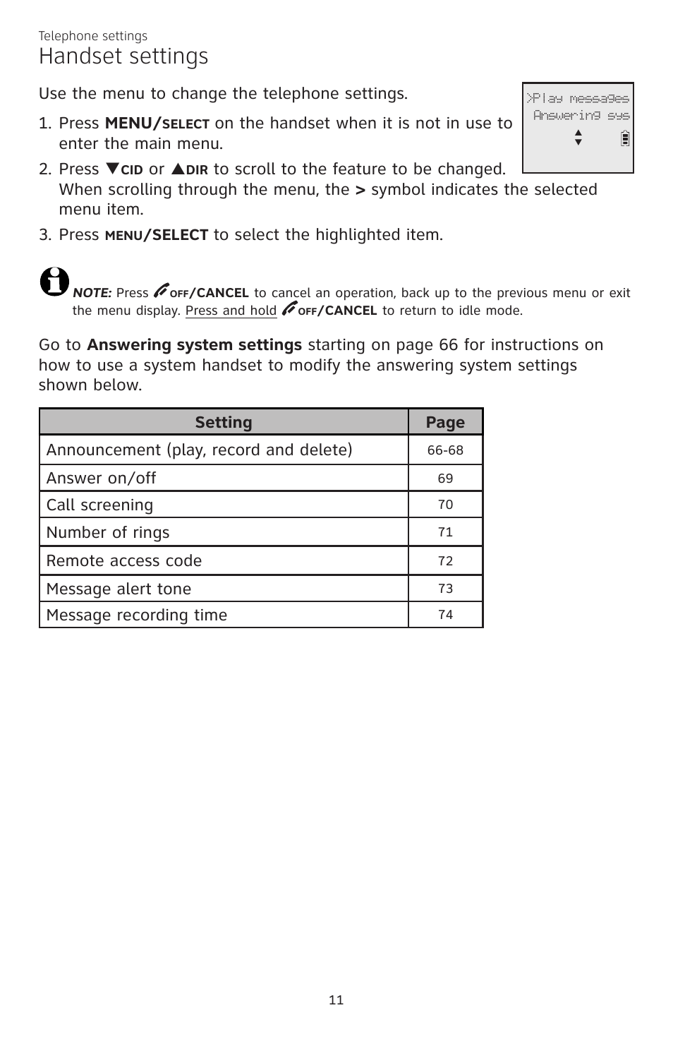 Handset settings, Answer on/off, Call screening | Number of rings, Remote access code, Message alert tone, Message recording time | AT&T CL83301 User Manual | Page 17 / 118