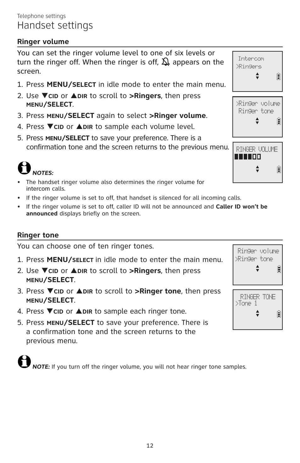 Handset settings, N idle mode to enter the main menu. 2. use, Press | Elect, Again to select >ringer volume . 4. press, Elect . 3. press, Elect . 4. press | AT&T CL83301 User Manual | Page 18 / 118