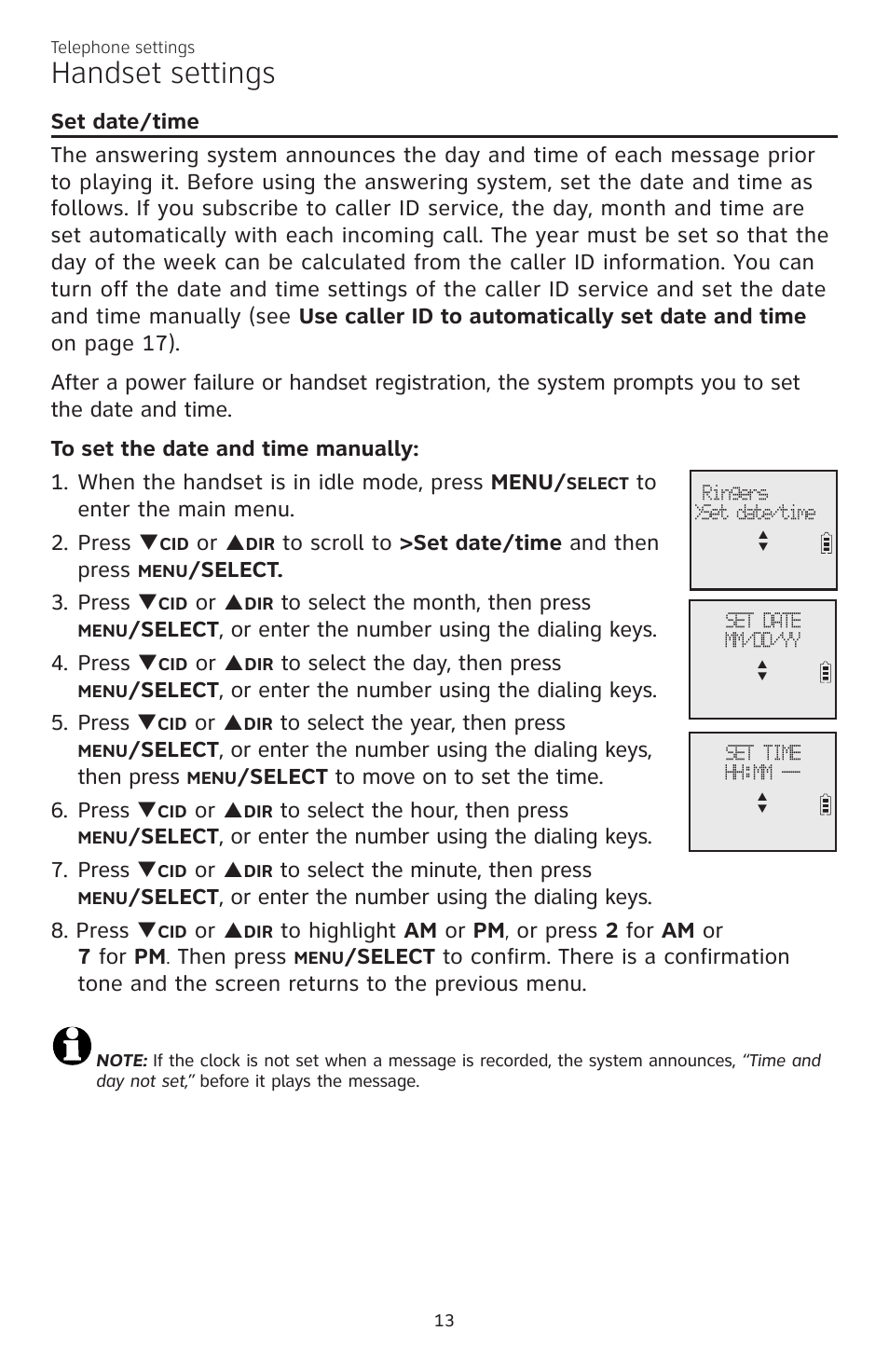 Handset settings, Elect. 3. press, Elect to move on to set the time. 6. press | AT&T CL83301 User Manual | Page 19 / 118