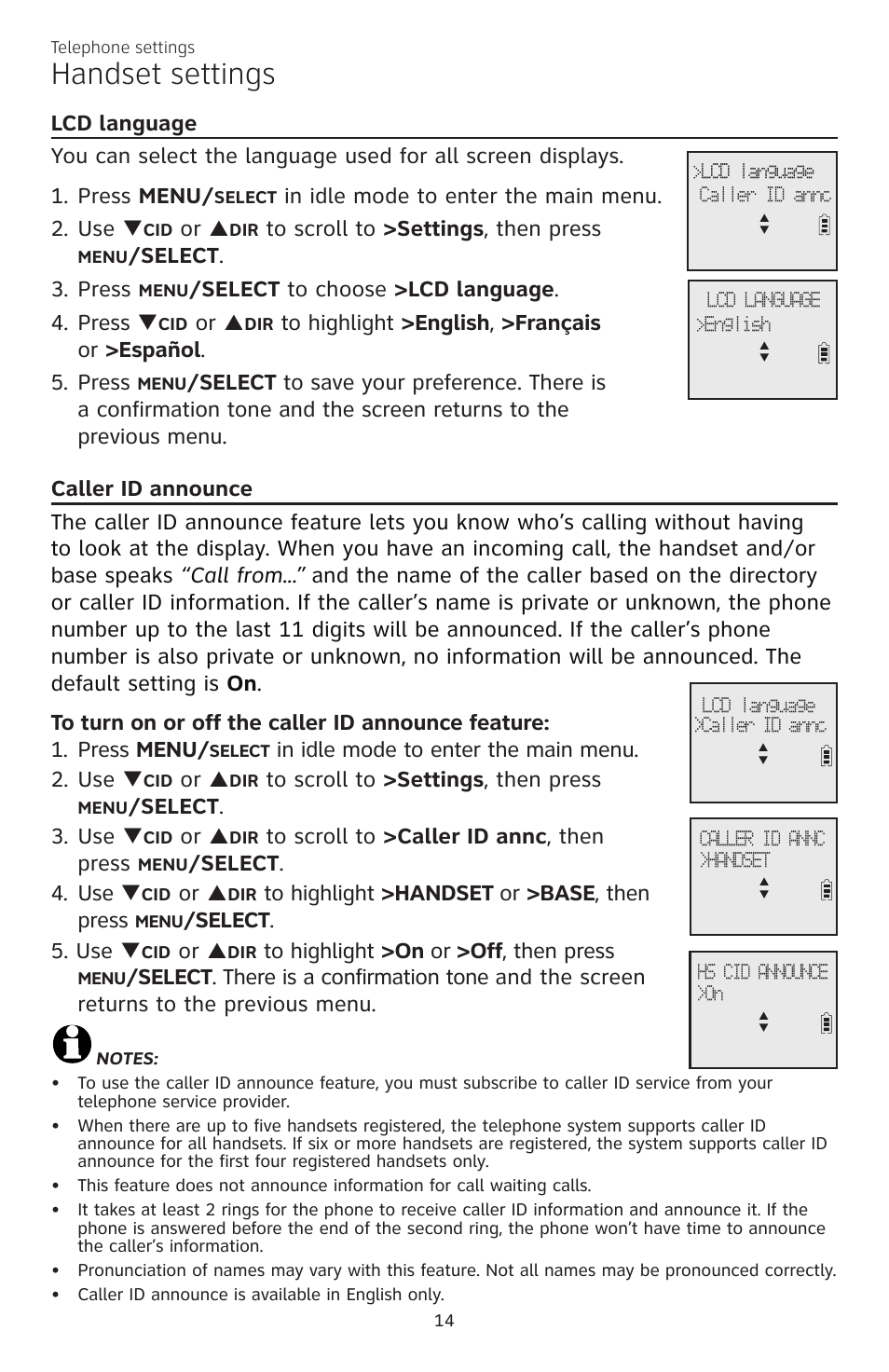 Handset settings, Elect . 3. press, Elect to choose >lcd language . 4. press | Elect . 3. use, Elect . 4. use, Elect . 5. use | AT&T CL83301 User Manual | Page 20 / 118