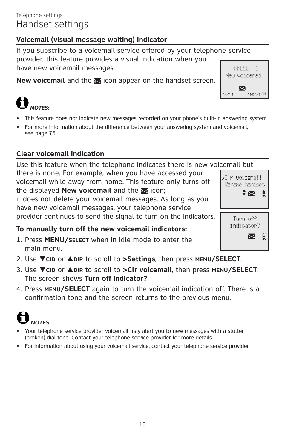 Handset settings, When in idle mode to enter the main menu. 2. use, Elect . 3. use | AT&T CL83301 User Manual | Page 21 / 118