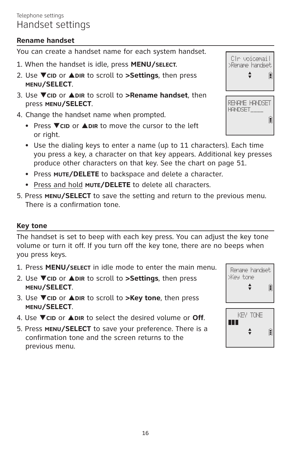 Handset settings, Elect . 3. use, Delete to delete all characters. 5. press | Elect . 4. use | AT&T CL83301 User Manual | Page 22 / 118