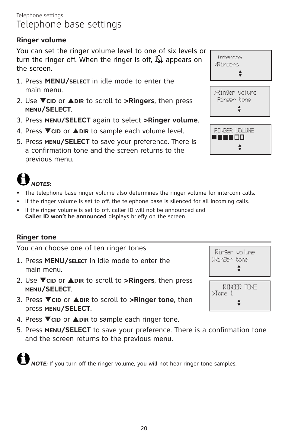 Telephone base settings, Elect, Press | Elect again to select >ringer volume . 4. press | AT&T CL83301 User Manual | Page 26 / 118