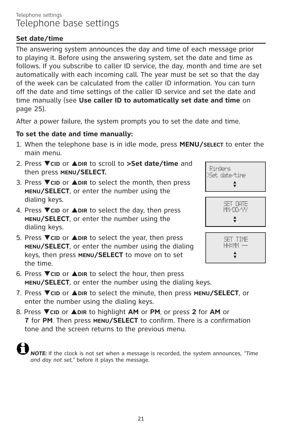 Telephone base settings, Elect. 3. press, Elect to move on to set the time. 6. press | AT&T CL83301 User Manual | Page 27 / 118