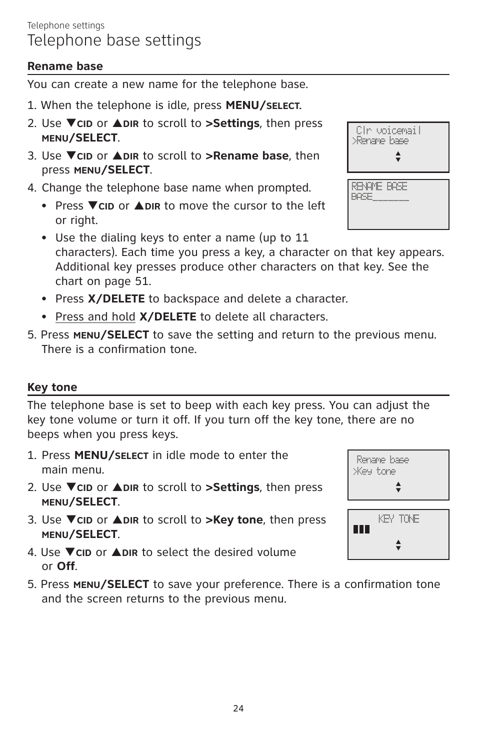 Telephone base settings, Elect . 3. use, Elect . 4. use | AT&T CL83301 User Manual | Page 30 / 118