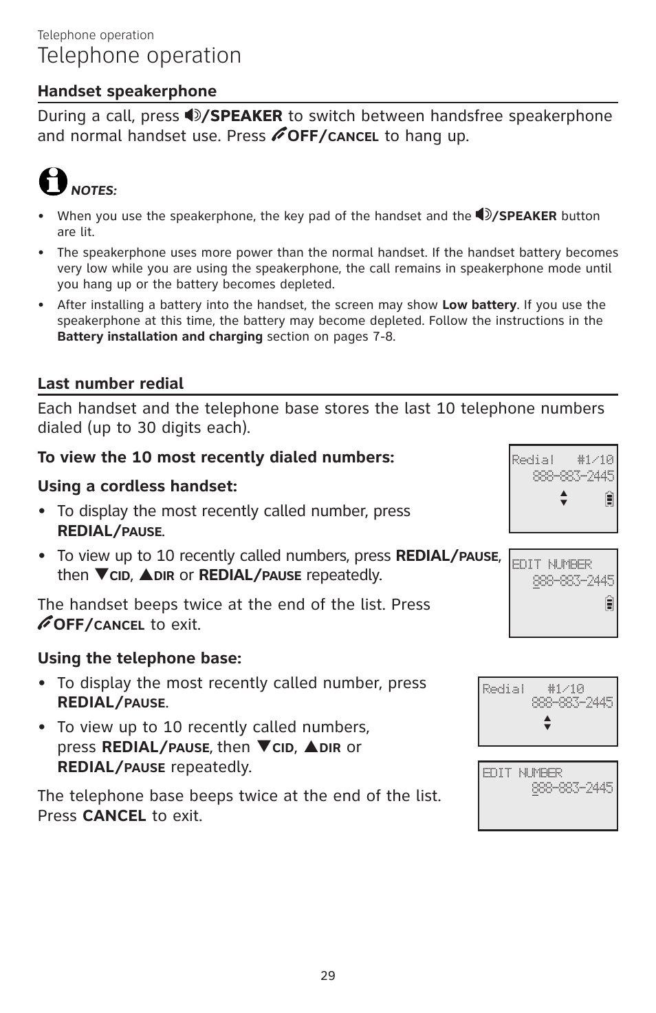 Telephone operation, Then q, Or redial | AT&T CL83301 User Manual | Page 35 / 118