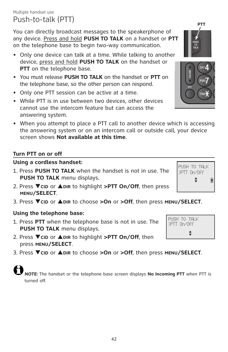 Push-to-talk (ptt), Or p, Elect . 3. press q | Elect | AT&T CL83301 User Manual | Page 48 / 118