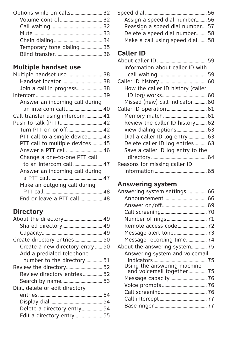 Multiple handset use, Directory, Caller id | Answering system | AT&T CL83301 User Manual | Page 5 / 118