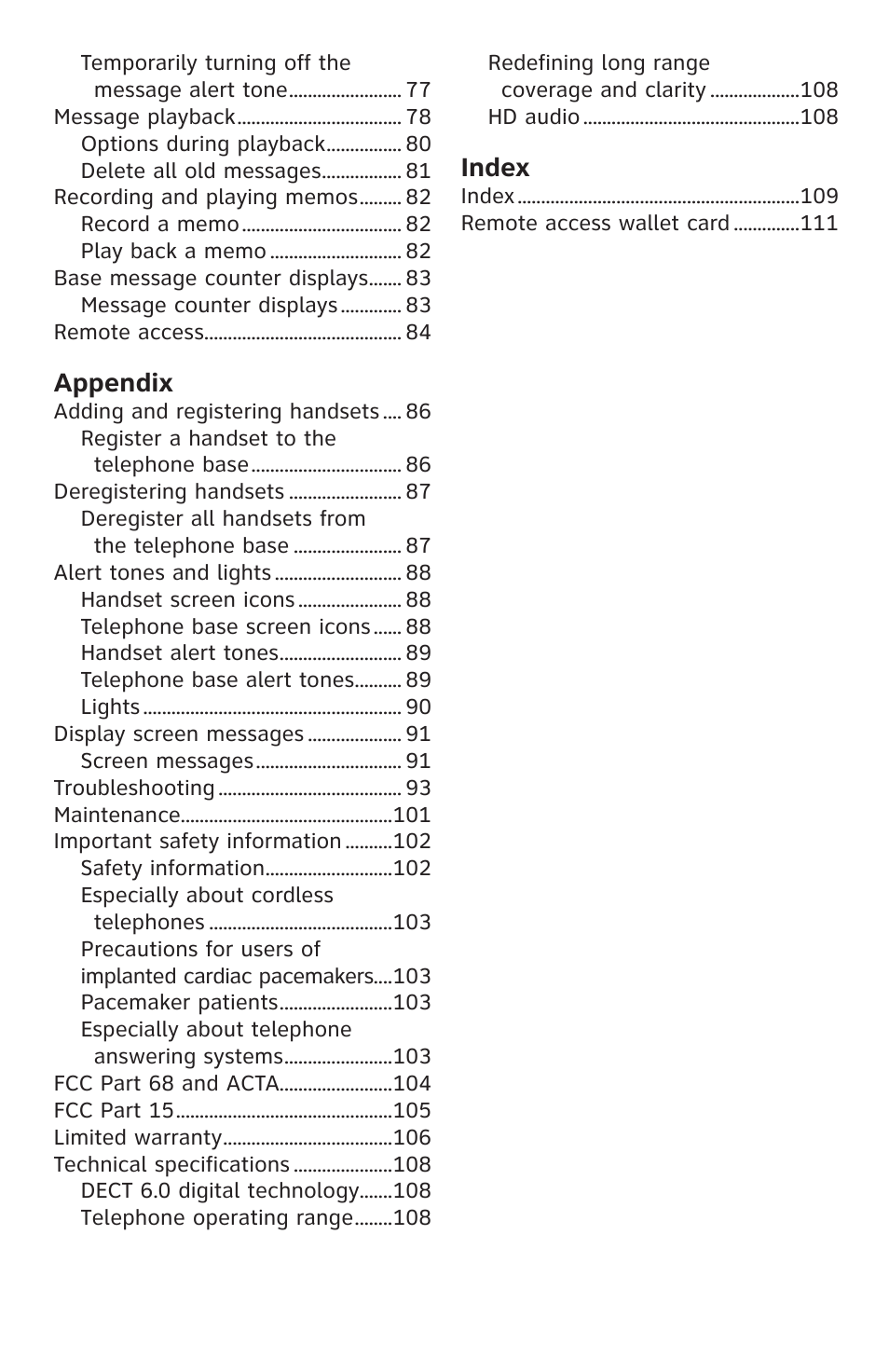 Appendix, Index | AT&T CL83301 User Manual | Page 6 / 118