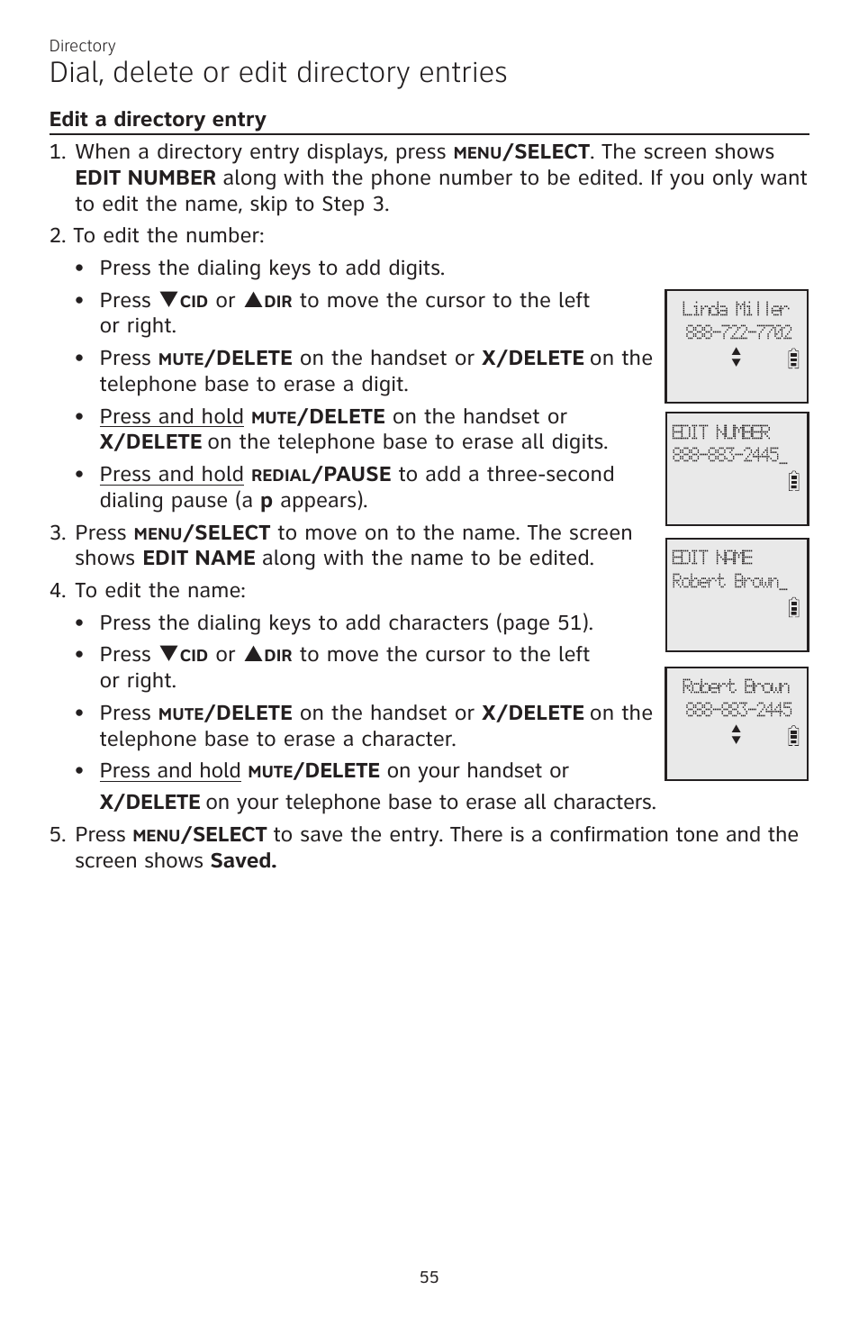 Dial, delete or edit directory entries, Or p, Delete on the handset or x/delete | Delete on your handset or x/delete | AT&T CL83301 User Manual | Page 61 / 118
