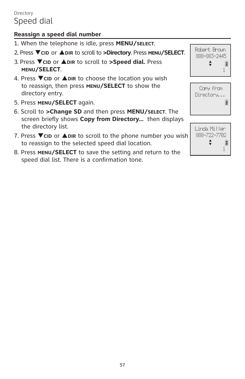 Speed dial, Press q, Or p | Elect . 3. press q, Elect . 4. press q, Elect to show the directory entry. 5. press | AT&T CL83301 User Manual | Page 63 / 118
